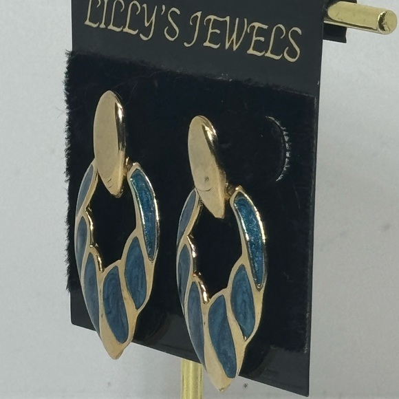 Vintage Gold & Blue Enamel Drop Earrings by Lilly’s - Classic & Elegant Design - Picture 4 of 7